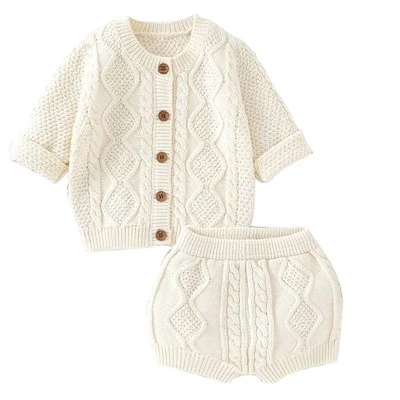Baby Button-Up Knit Cardigan Shorts Set